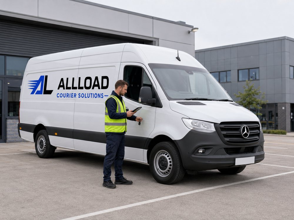 An ALLLOAD driver unlocking a dedicated Sprinter van outside a commercial unit