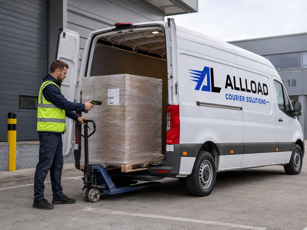 An ALLLOAD driver scanning a shrink-wrapped pallet as it is loaded into a Sprinter van with a pump truck