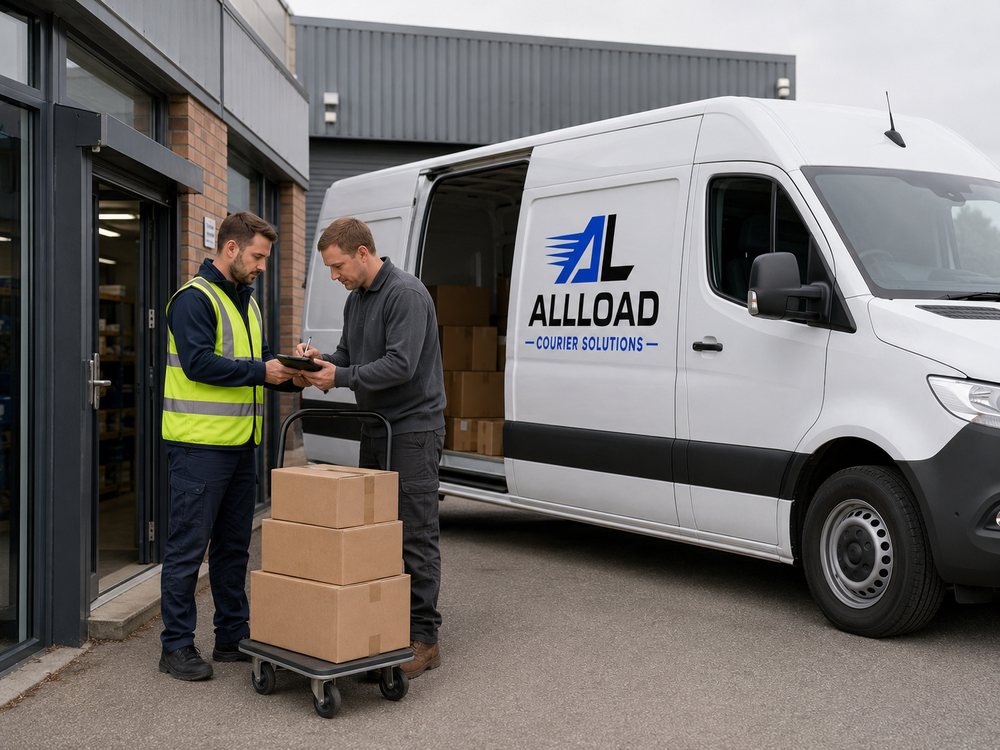 An ALLLOAD driver collecting a signature for a multi-drop delivery of parcels