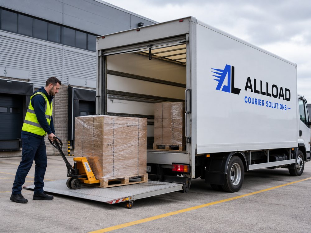 A shrink-wrapped pallet being moved onto the tail lift of an ALLLOAD box truck with a pump truck