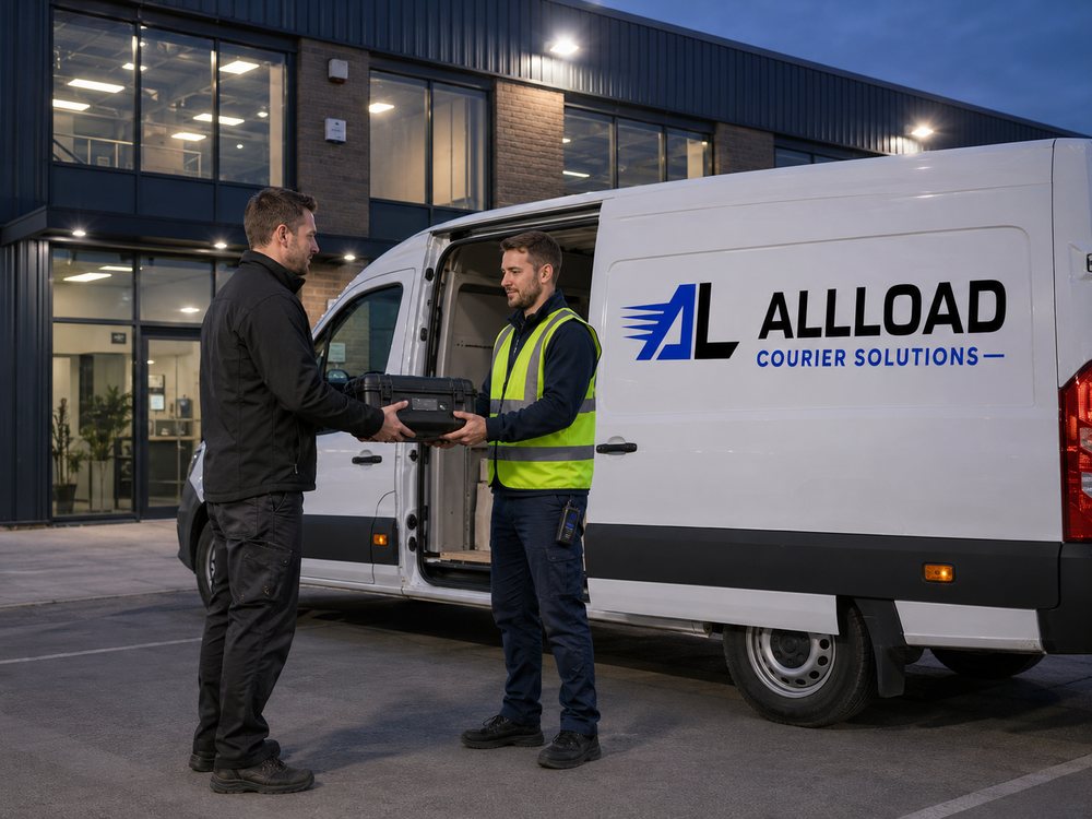 An ALLLOAD driver handing over a sealed high-value case at dusk