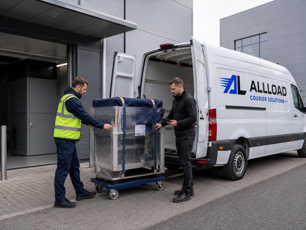 Two ALLLOAD staff loading a blanket-wrapped, strapped machine on a trolley into a Sprinter van at a commercial unit