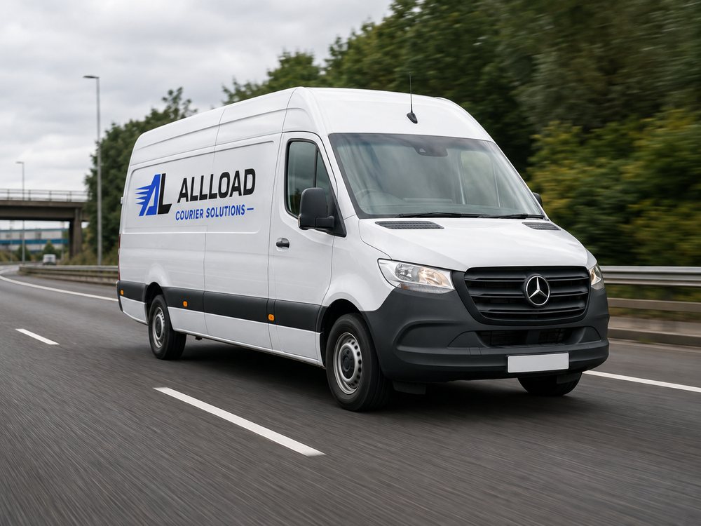 An ALLLOAD Sprinter van travelling at speed on a UK dual carriageway