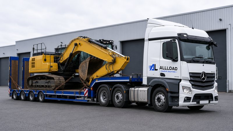 An ALLLOAD-liveried low loader carrying a tracked excavator