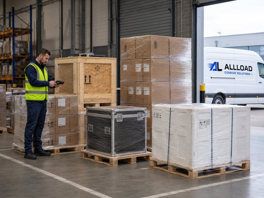 Pallets, crates and shrink-wrapped freight checked in a warehouse beside an ALLLOAD van